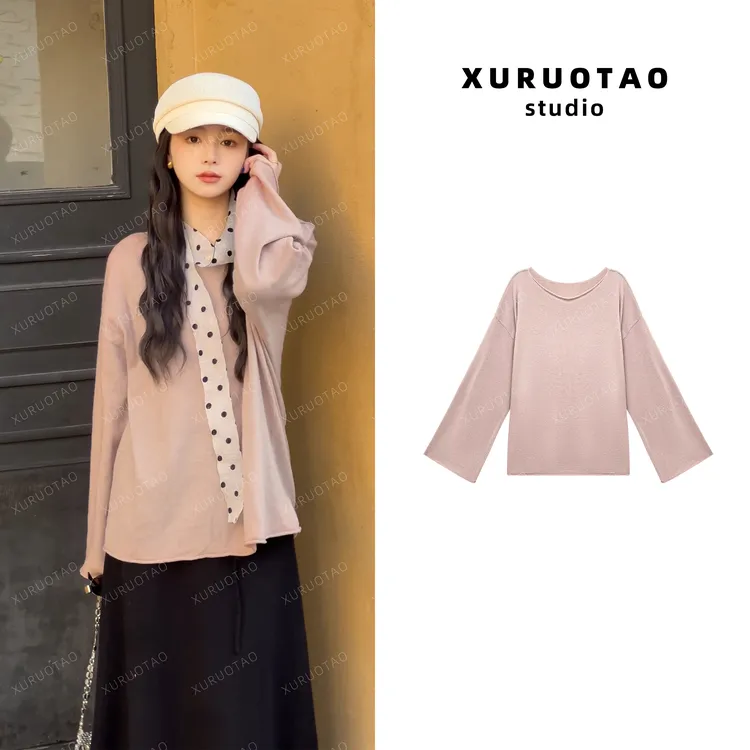 XURUOTAO 【桃桃慕斯】100羊毛设计感显瘦百搭肉粉色上衣 T5641