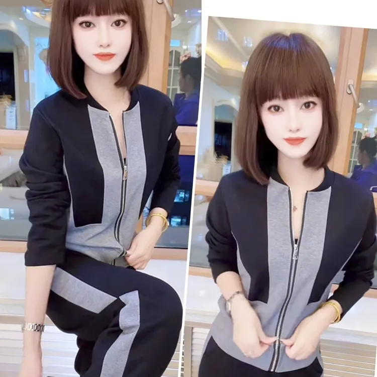 拼色圆领拉链时尚套装长袖长裤显瘦女士气质百搭减龄休闲韩版