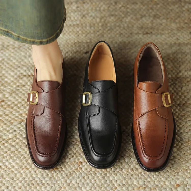 2025秋冬新款加绒单鞋女粗跟真皮百搭时尚中跟小皮鞋英伦风乐福鞋