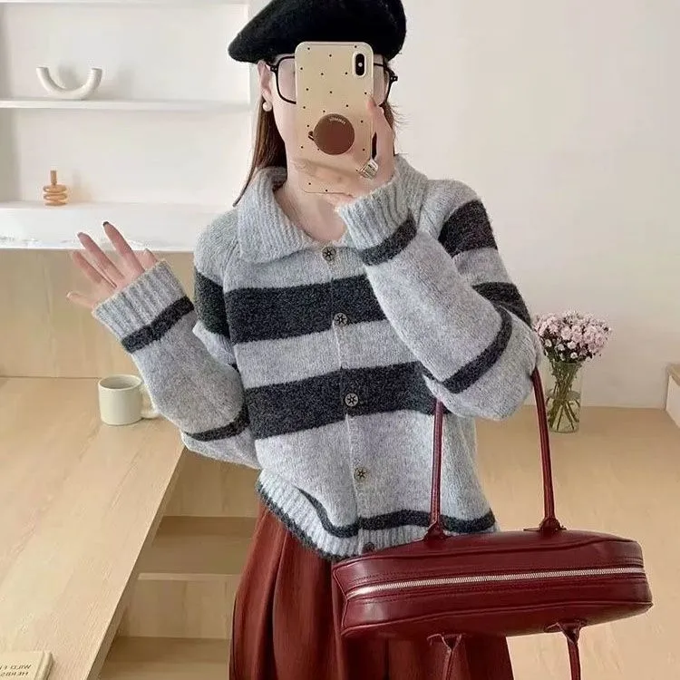 条纹长袖慵懒风针织宽松上衣毛针织衫女装针织衫韩系