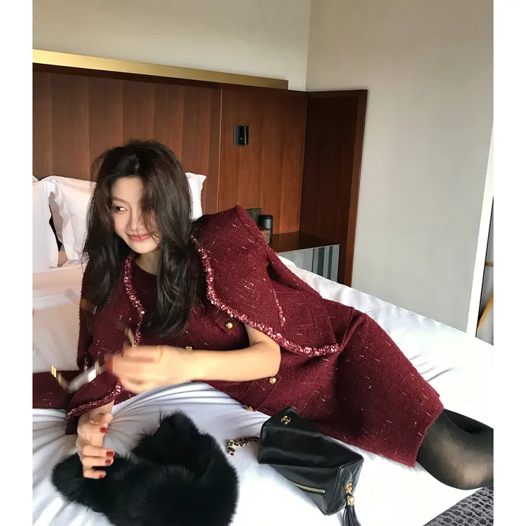 【ALONESAVOR】龍喜儿法式羊毛针织背心连衣裙外套套装M408