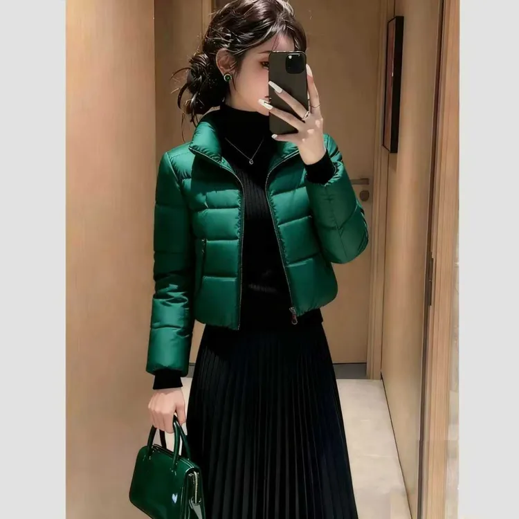 2026冬季新款绿色短款加厚棉服女立领显瘦保暖修身外套时尚洋气