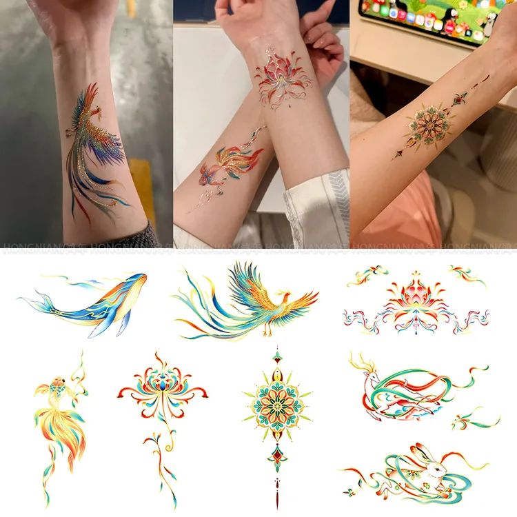 新中式国风敦煌烫金纹身贴宝相花锦鲤莲花手臂锁骨防水持久贴纸商品图