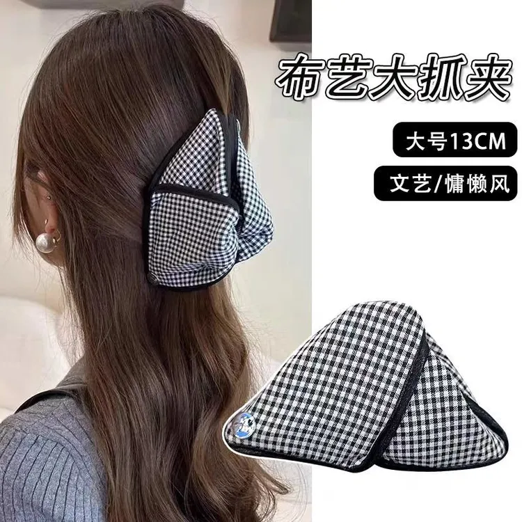 2025新款发夹气质简约法式格子抓夹复古百搭三角形大号鲨鱼夹头饰