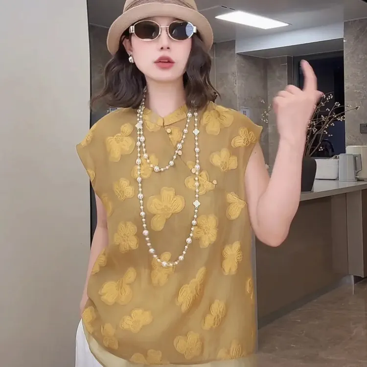 D013新中式国风复古提花接拼无袖背心百搭上衣女