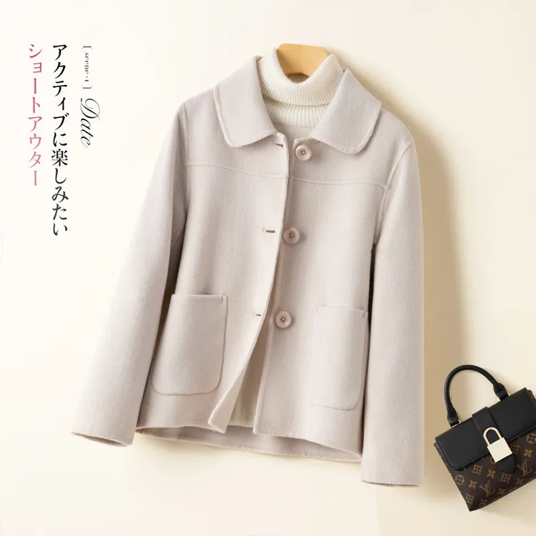 时尚春秋赫本风双面羊绒大衣女短款小个子娃娃领纯羊毛呢子外套