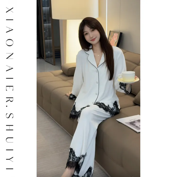 【玉兰初雪】秋冬海岛绒蕾丝长袖长裤显瘦高级气质可外穿套装