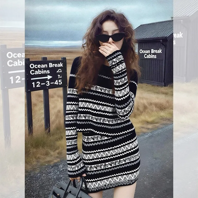 秋冬季女装一整套炸街搭配黑色费尔岛针织衫毛衣半身裙子两件套装