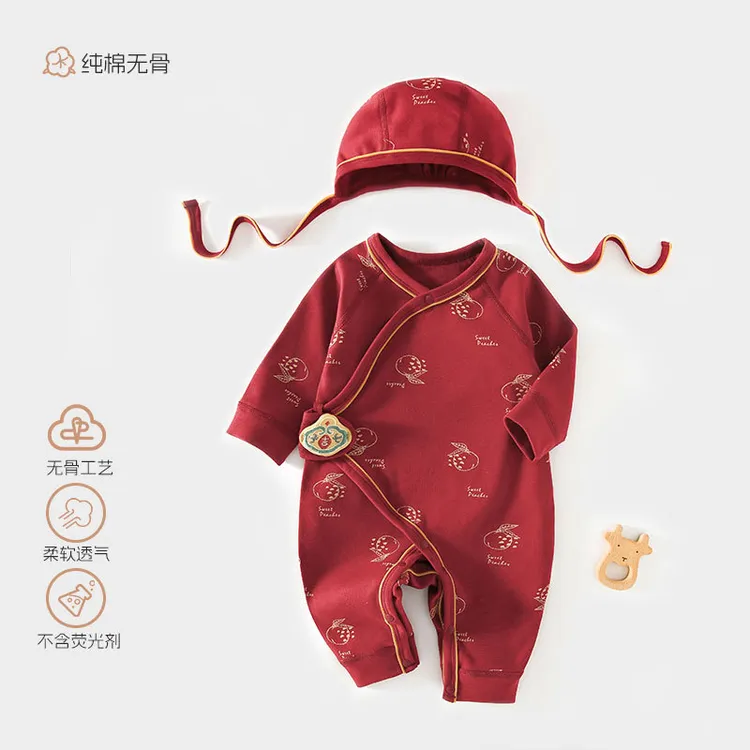 新生婴儿秋季衣服连体衣宝宝满月童装纯棉舒适A类大红百天爬爬服