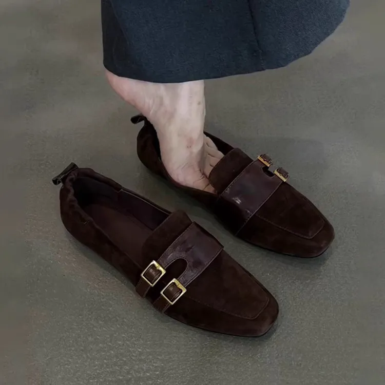 羊皮版~法式软底女鞋方头百搭复古鞋子女士褶皱乐福鞋时尚豆豆鞋