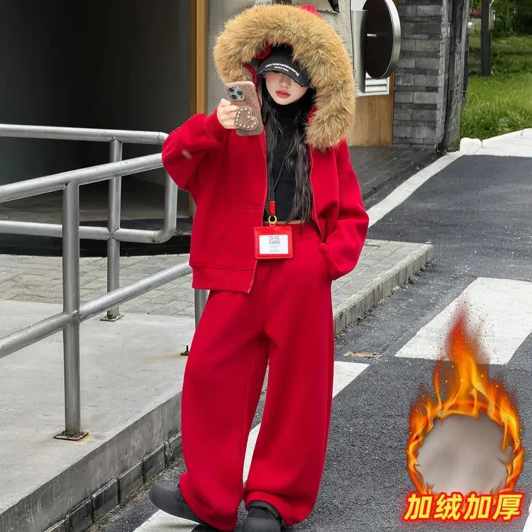 女童红色毛领套装2025冬季新款大儿童加绒加厚拜年服卫衣裤两件套