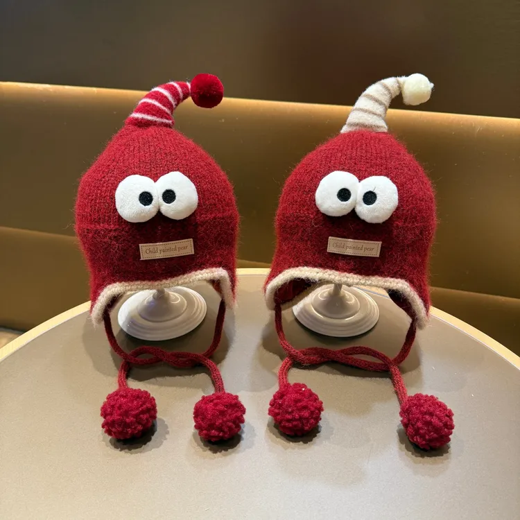 儿童帽子秋冬季新年红色男孩护耳帽加厚女宝宝小童保暖防风毛线帽