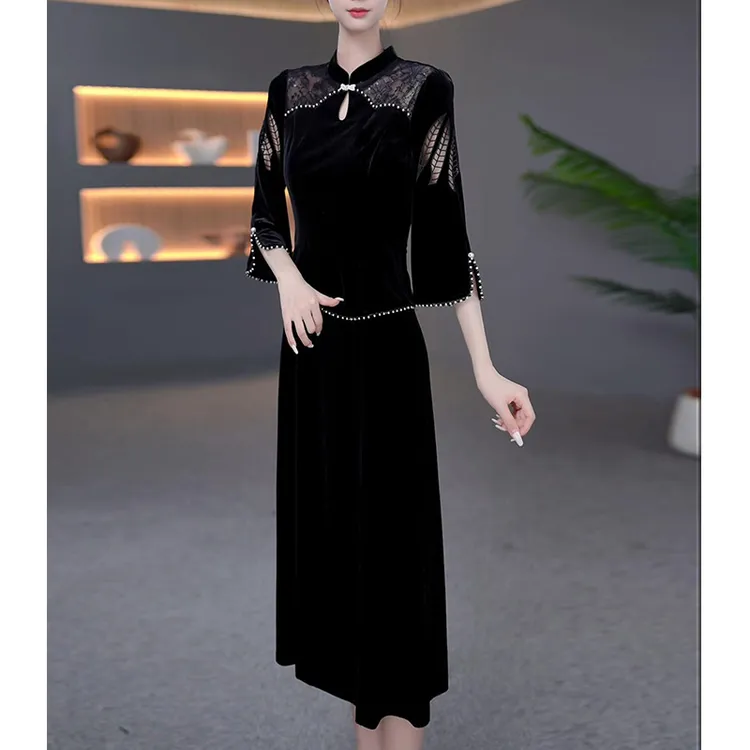 DBF-25B093YR 新款气质时尚假两件轻奢显瘦减龄中长连衣裙 M-5XL