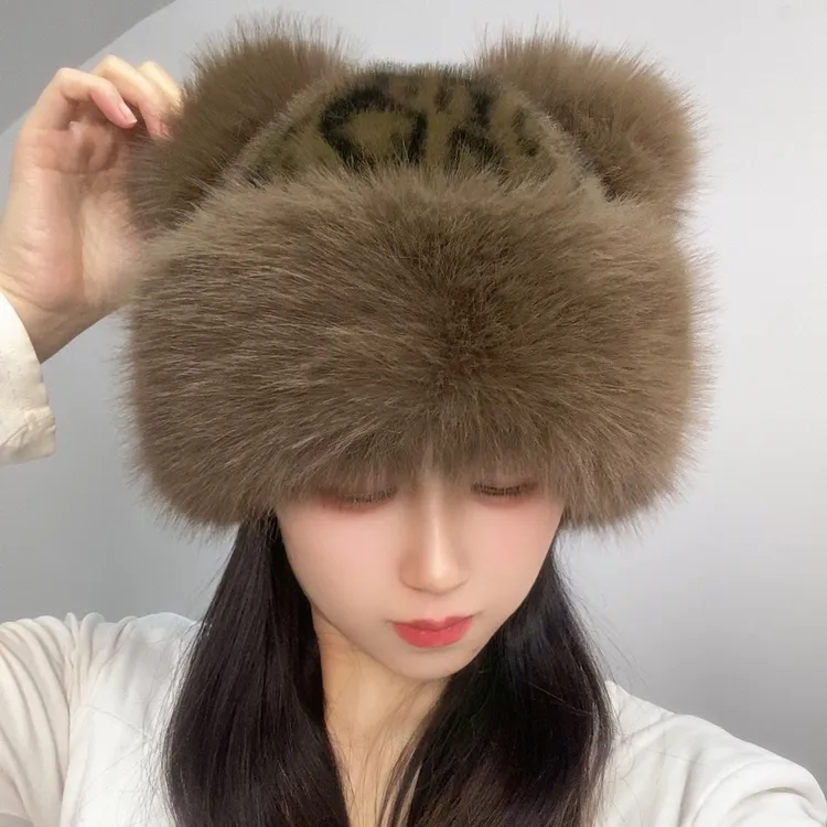 2025小熊耳朵毛绒帽女秋冬季韩版保暖护耳显脸帽子