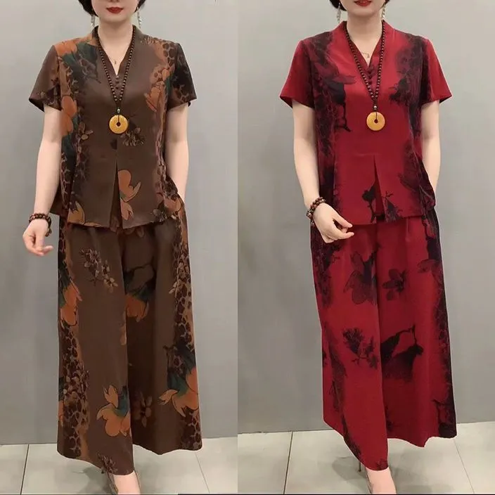 妈妈装阔太太上衣阔腿裤套装两件套女夏2025新款洋气时髦减龄时尚