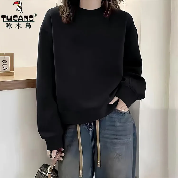 啄木鸟纯棉设计感纯色圆领无帽卫衣秋冬季宽松百搭长袖上衣女潮流