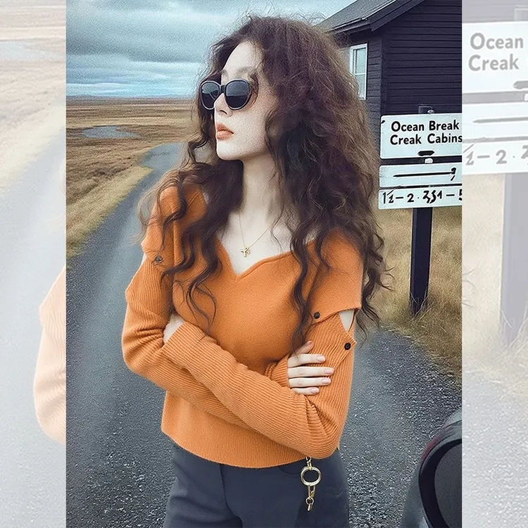 独特漂亮橘色小衫设计小众v领针织衫毛衣女装秋冬洋气高贵上衣服