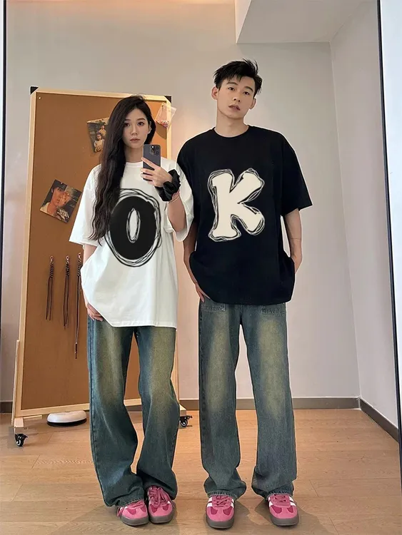 两件装OK情侣装纯棉重磅T恤圆领男女款情侣装夏天款一男一女衣服