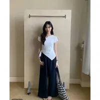 【坦姐严选 实体品质】斜肩木耳边上衣女夏季下摆不规则短袖1505