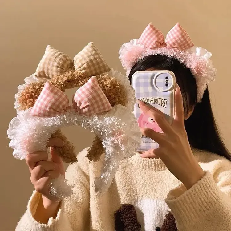 可爱粉色蝴蝶结小熊耳朵发箍女款压发秋冬毛绒洗脸头箍发卡子头饰