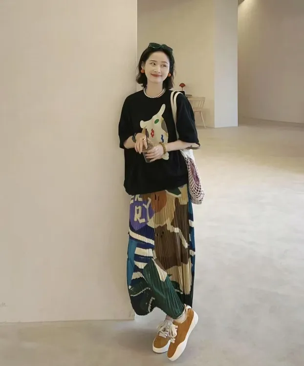 韩版设计感猫咪印花短袖T恤女夏季宽松显瘦休闲半身裙两件套女