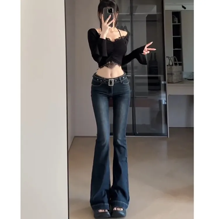 【送腰带】美式复古低腰紧身微喇牛仔裤女2025年秋季弹力显瘦喇叭裤