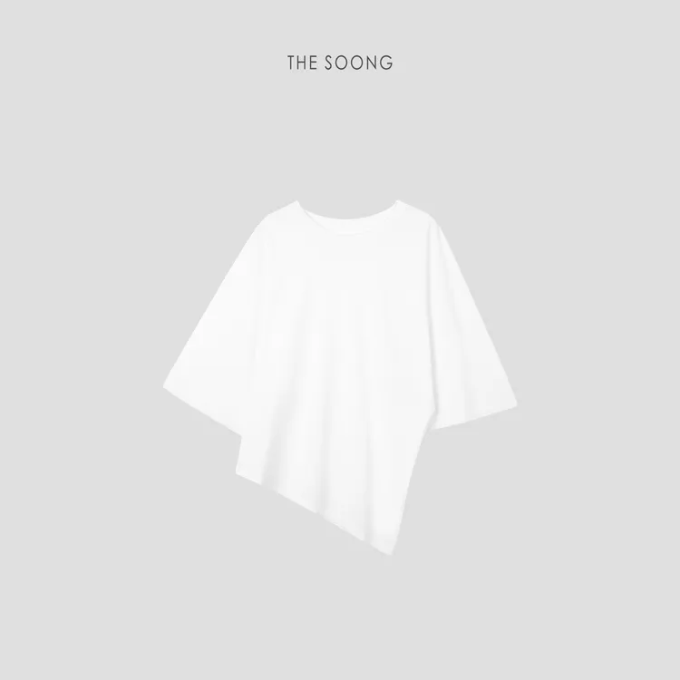 THESOONG|”八分袖斜裁凉感纯棉自然叠堆松弛感白色T恤上衣WTX7253