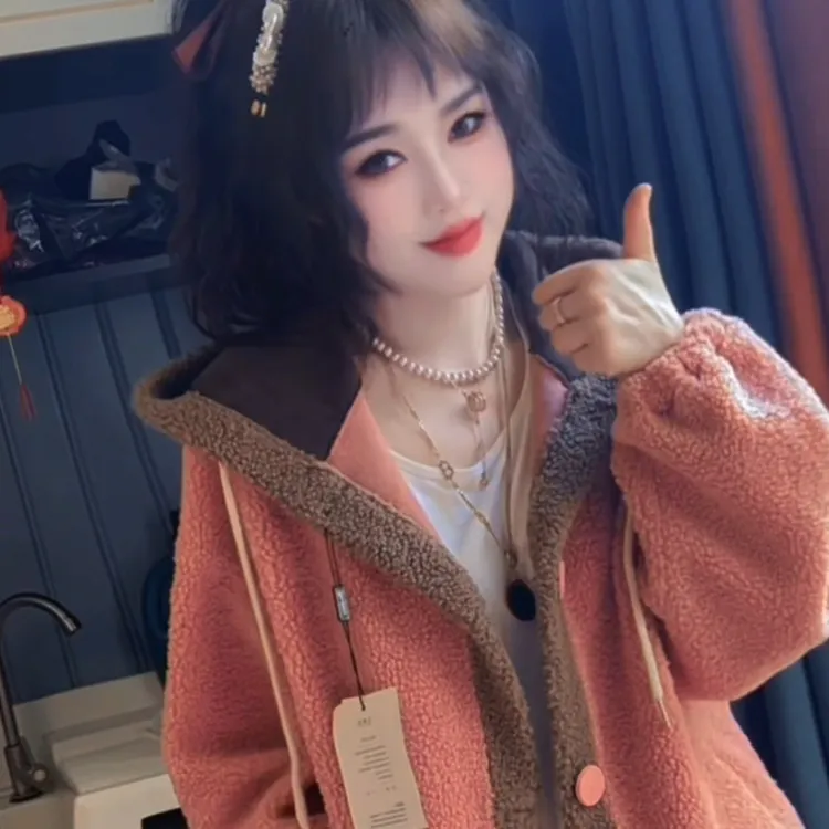 粉色连帽冬款加绒外套连帽女装
