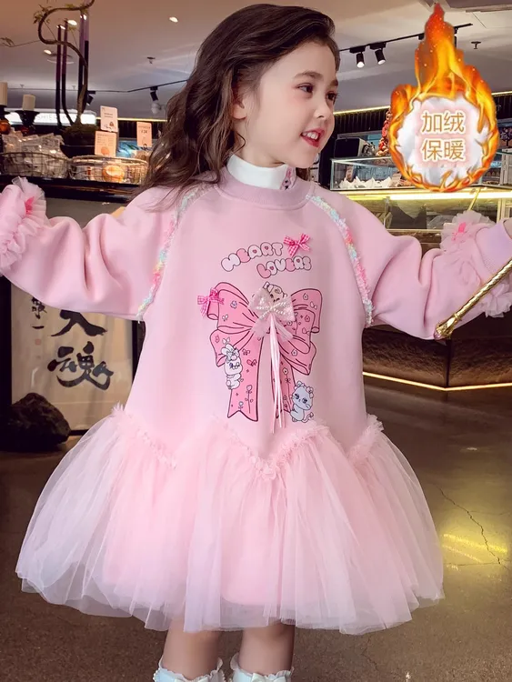 童装公主风加厚少女风中长款卫衣裙2025新款学院风长袖女童连衣裙