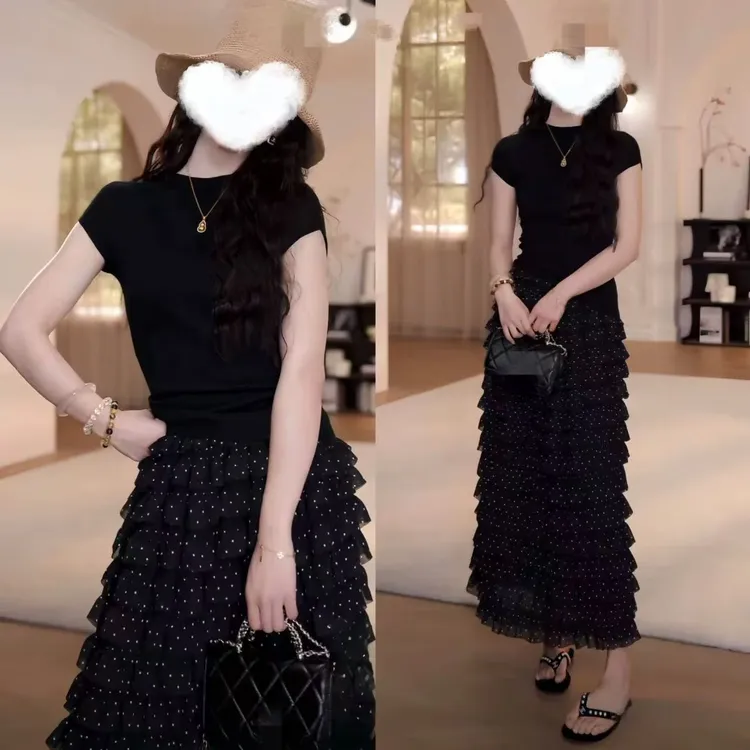 法式波点层次感松紧腰半身裙女2025夏季新款纯色坎肩短袖针织T恤