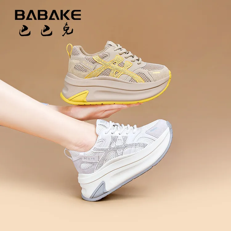 巴巴克8CM网面厚底阿甘鞋女2025百搭透气增高休闲女鞋2916