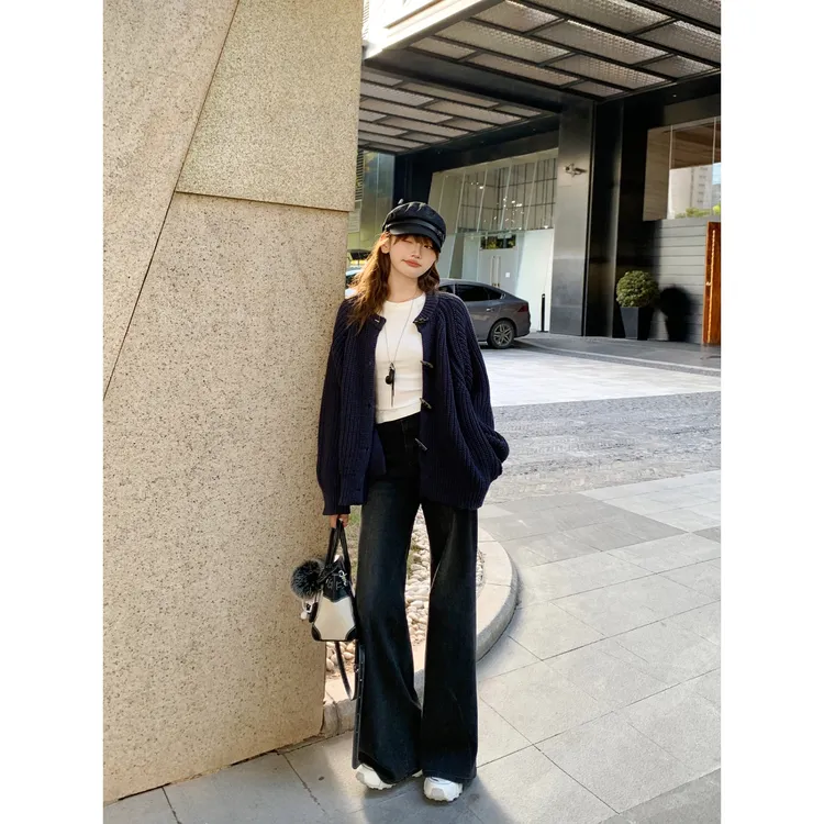 切糕自制【焦点牛仔】小个子秋女流光风百搭显瘦慵懒休闲微喇牛仔裤
