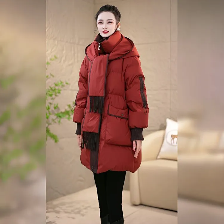 阔版连帽加厚羽绒服女2024冬季新款小个子妈妈高端白鸭绒保暖外套