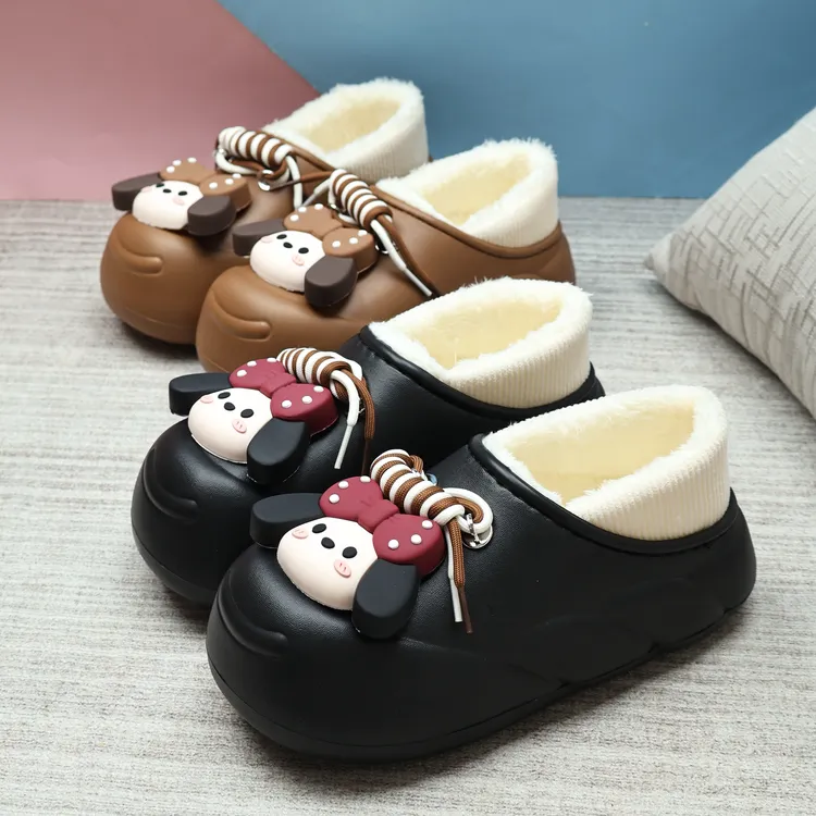 冬季可爱卡通棉拖鞋女包跟外穿松糕PU防水家居厚底防滑保暖棉鞋女