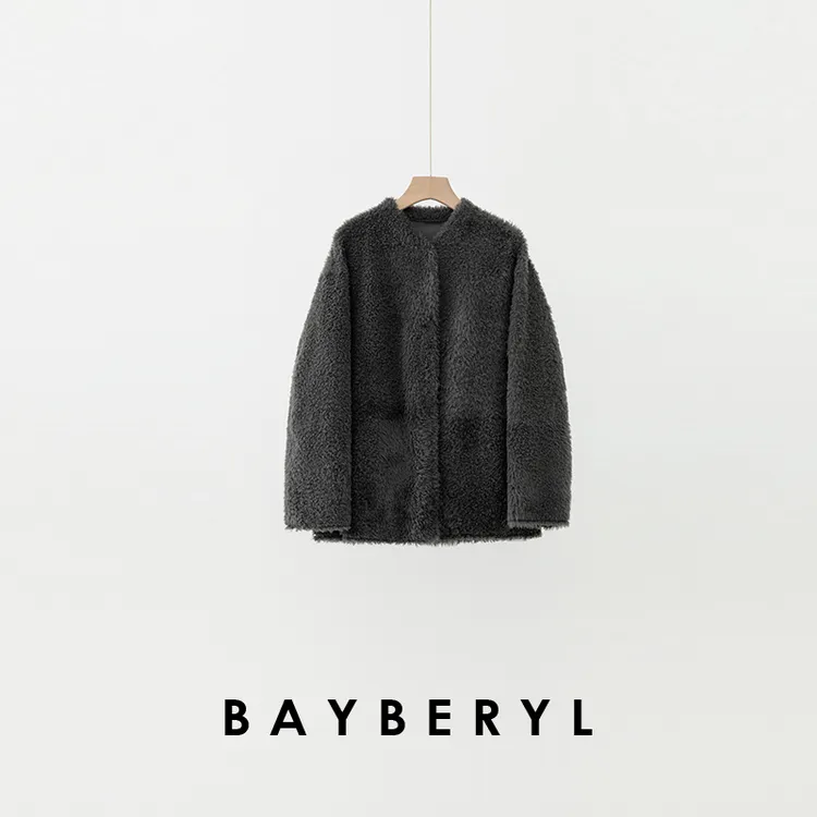 CC12-BAYBERYL老贝云暮灰*小V领暗扣时尚简约冬一体皮衣PY5K1408