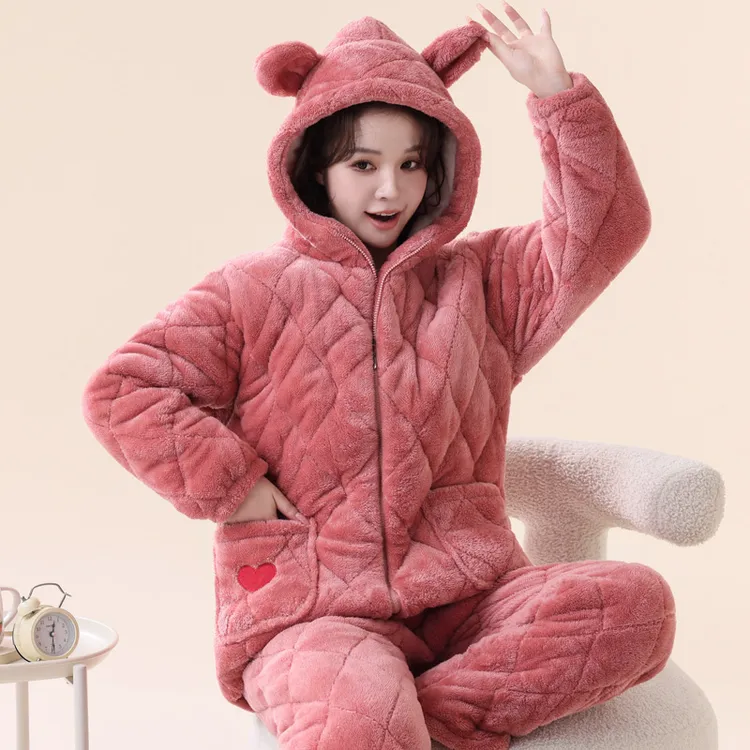 秋冬季夹棉加厚睡衣套装拉链连帽女装甜美保暖家居服冬天女士女款