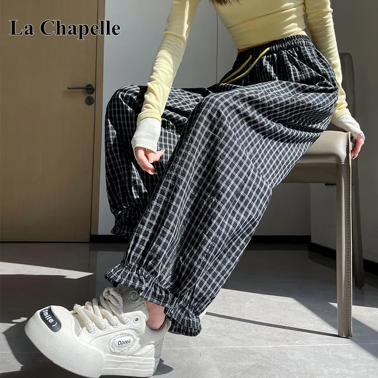 拉夏贝尔韩版格子休闲裤女2025年夏季新款直筒高腰显瘦宽松阔腿裤