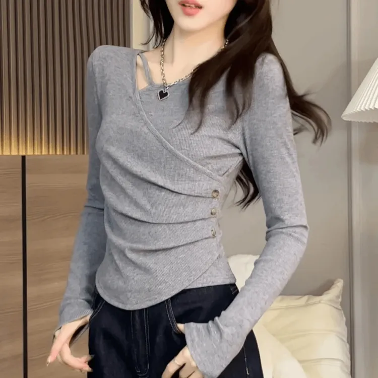 内搭显瘦长袖打底衫女早春秋气质显瘦设计感时尚百搭T恤洋气上衣