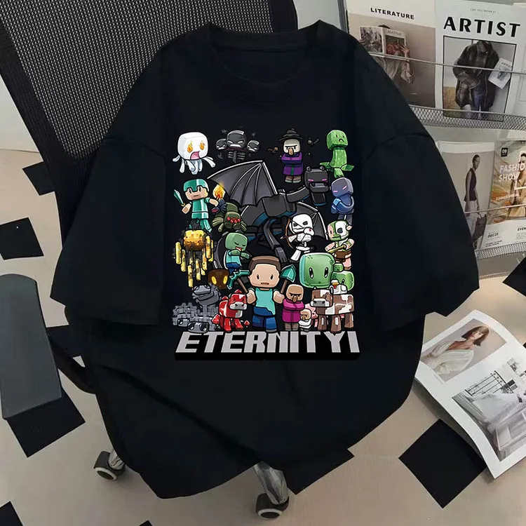 100%纯棉爆款迷你世界卡通涂鸦中大童短袖T恤夏季潮牌男女童上衣t