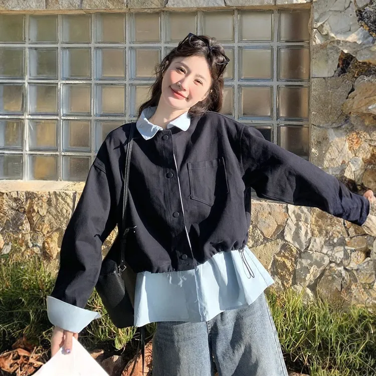 拼接假两件工装外套女秋季新款小众设计感休闲风宽松百搭长袖上衣