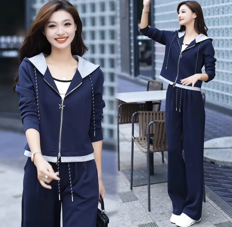 妈妈早秋休闲运动套装女2025春秋新款时尚减龄连帽外套长裤两件套