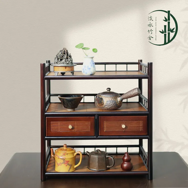 「汀兰」高山楠竹手工竹制茶水柜竹席编制双抽屉收纳置物博古架家用