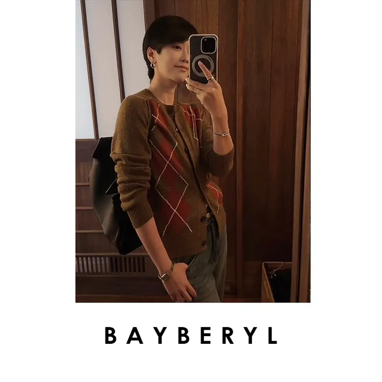 CC09-BAYBERYL老贝蜜茶*点子菱格复古圆领羊绒针织开衫ZZS5G0444