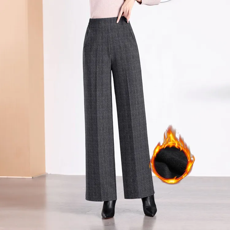 冬季加绒厚款高腰直筒妈妈裤简洁大方显瘦阔腿裤高腰休闲宽松长裤