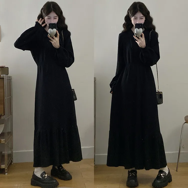 大码胖mm秋冬新款韩版显瘦时尚新中式长裙盘扣国风针织连衣裙女