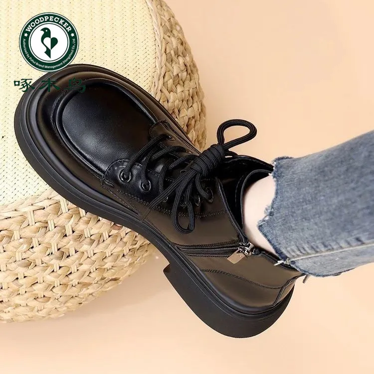 啄木鸟马丁靴女秋冬季加绒单靴子中跟英伦风时尚百搭厚底短靴