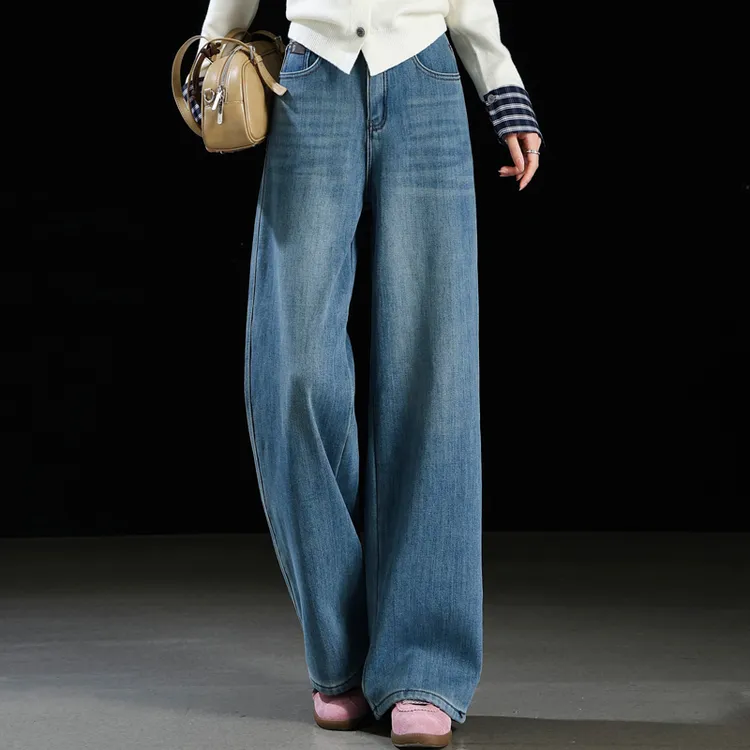 复古蓝加绒牛仔裤女2025新款冬高腰窄版直筒裤女加厚奥粒绒拖地裤