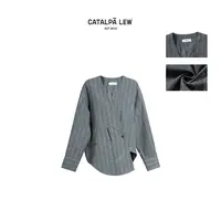 CatalpaLew「叠纹里」墟生美学亚麻精工斜襟竹节条纹外套#C52728