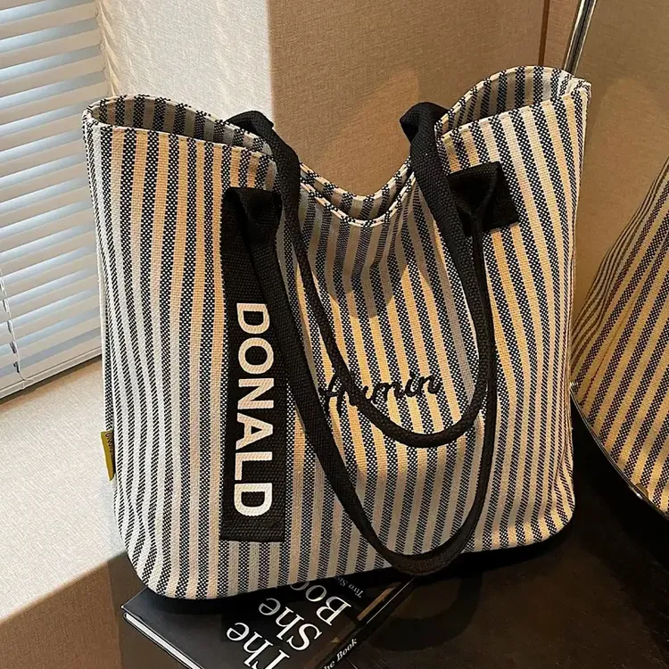 夏季条纹帆布包包女2025新大容量上课手提袋韩系单肩通勤托特包TJ