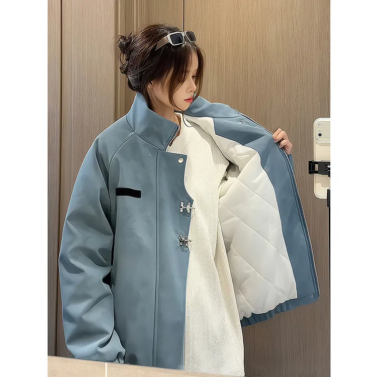 哑光蓝扎染皮衣棉服男女款秋冬季美式飞行夹克外套立领夹棉棒球服